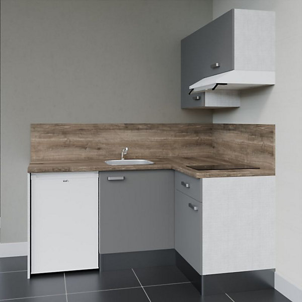 Kitchenette KA02 façades Gris - Plan de travail Bois - Crédences : Oui - Evier inox - Electroménager Blanc inclus