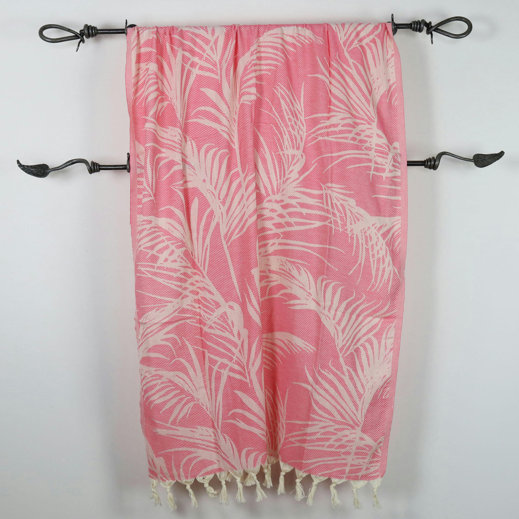 - Fouta palmiers 100% coton avec franges rose 100x180cm