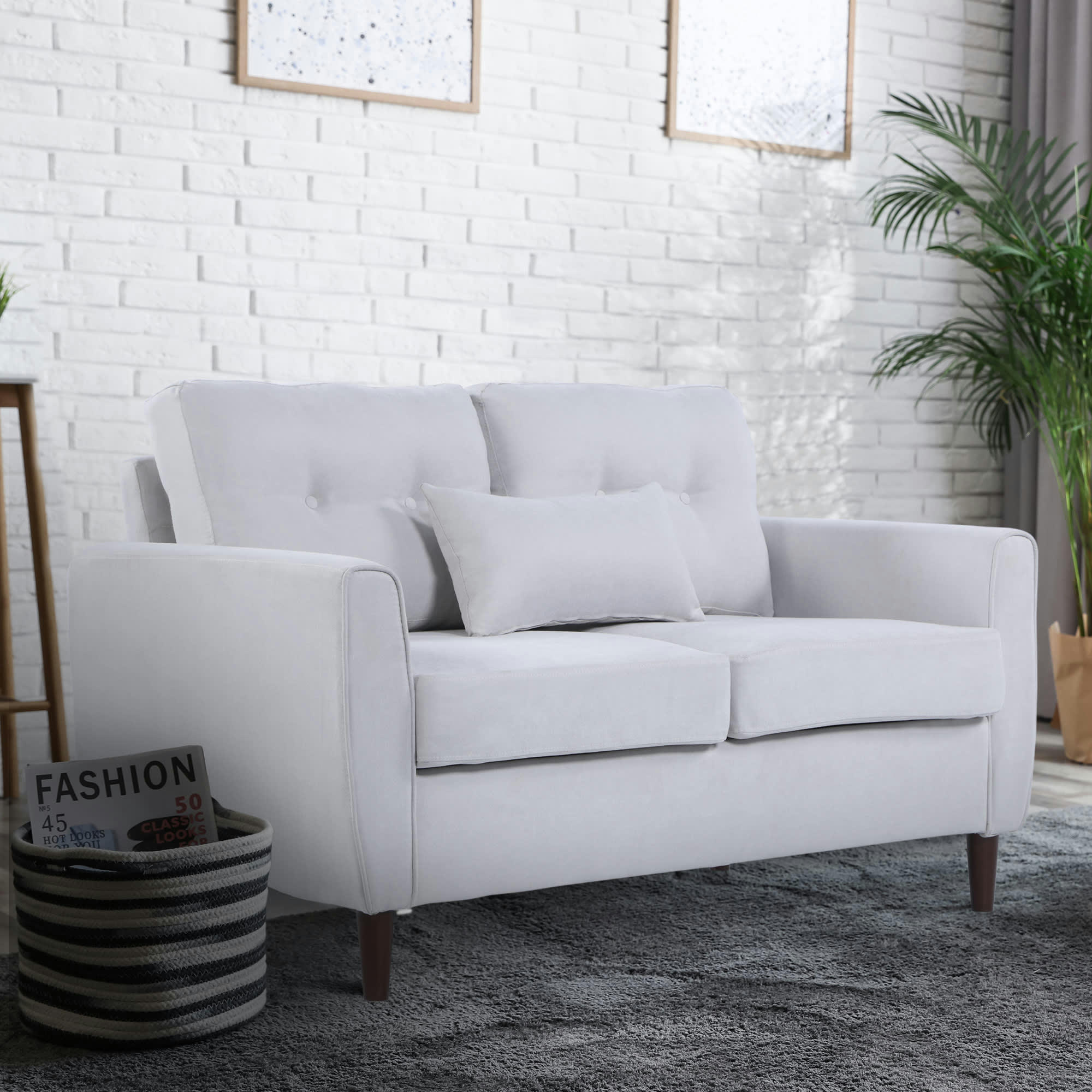 - Canapé 2 places grand confort coussin inclu tissu lin gris clair