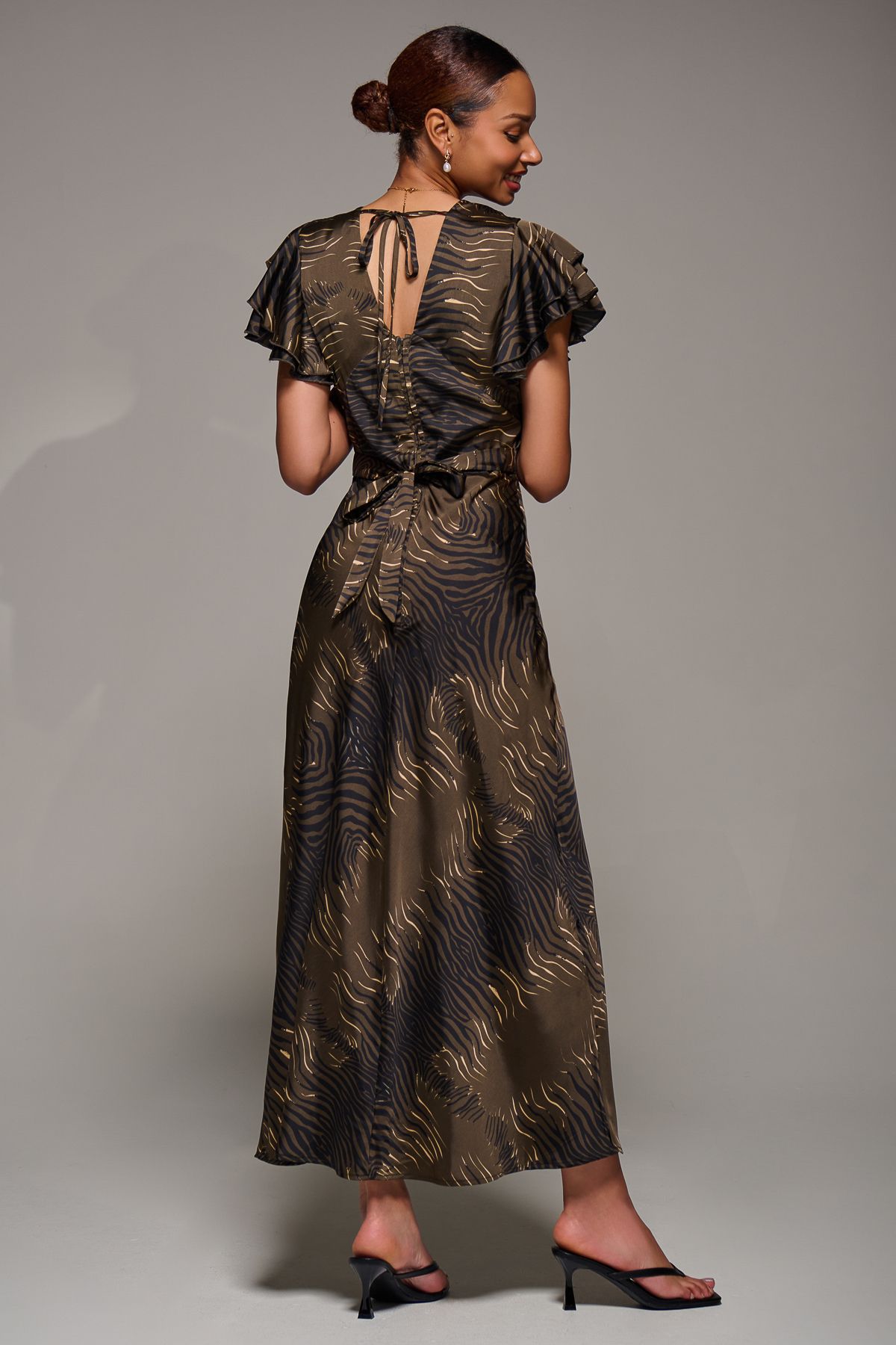 Jolie Moi Ruffle Sleeve Print Satin Maxi Dress