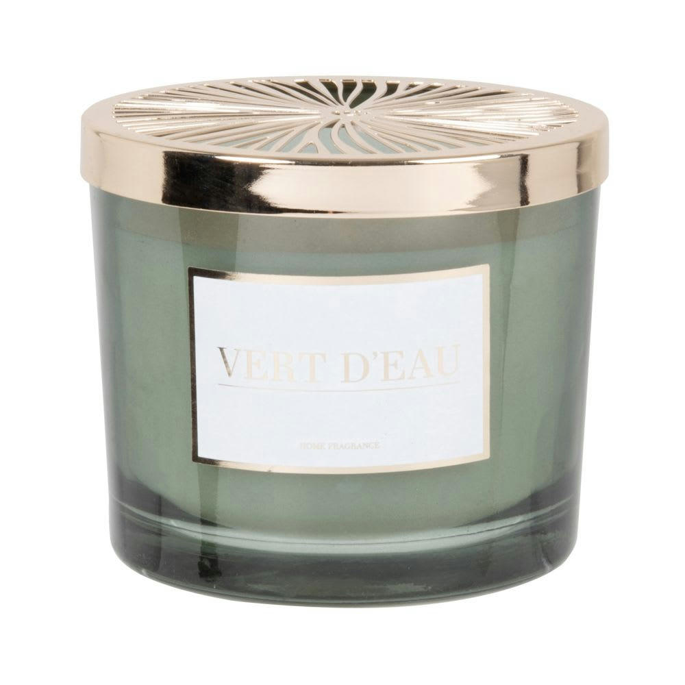 - Bougie parfumée en verre bleu canard et métal doré 220g