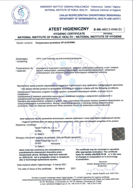 Oczyszczacz powietrza VESTFROST VP-A1S70WH