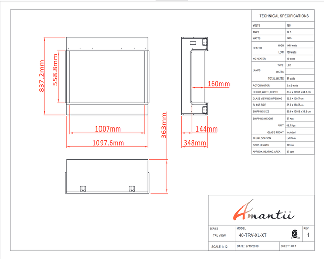 Amantii Smart 40" unit - 14 1/4" in depth 3 sided glass fireplace