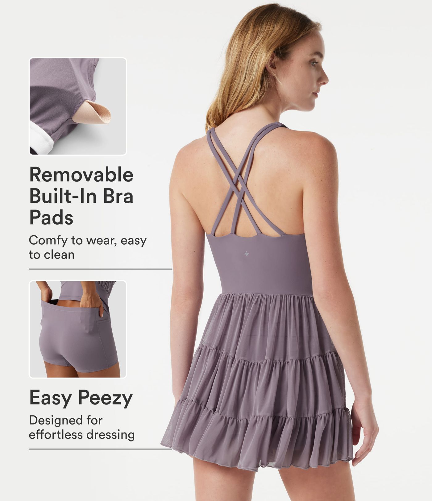 Robe sport de danse mini 2-en-1 SoftlyZero™ avec brassière intégrée, mesh contrasté et poches - Édition Easy Peasy - UPF50