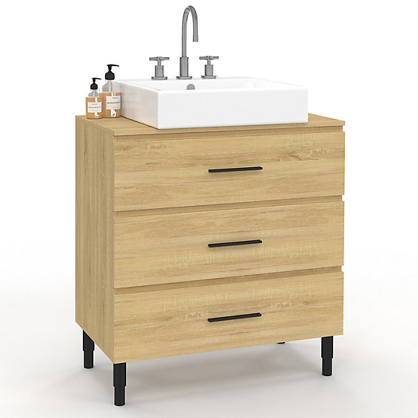 Meuble sous vasque 80 cm salle de bain 3 tiroirs façon hêtre et noir avec pieds télescopiques