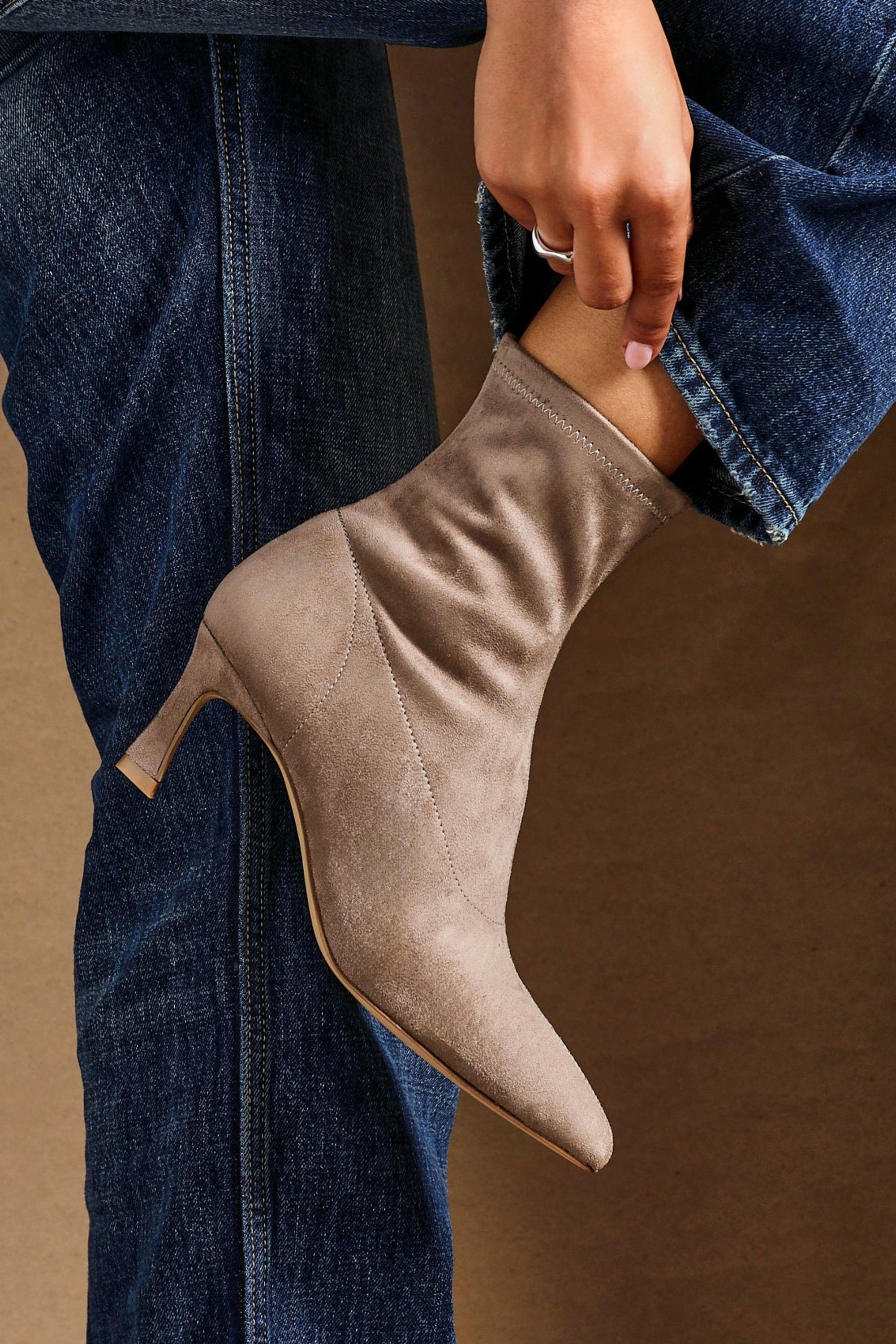 Linzi Upgrade Mocha Faux Suede Kitten Heel Sock Ankle Boot