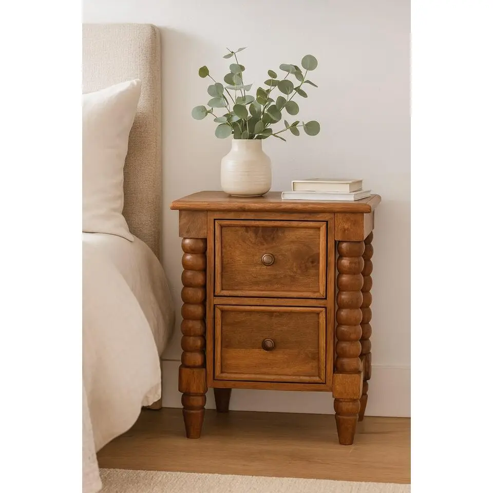 Artisan Furniture Massief Hout Barley Twist Nachtkastje met 2 Lades, Beige Kleur