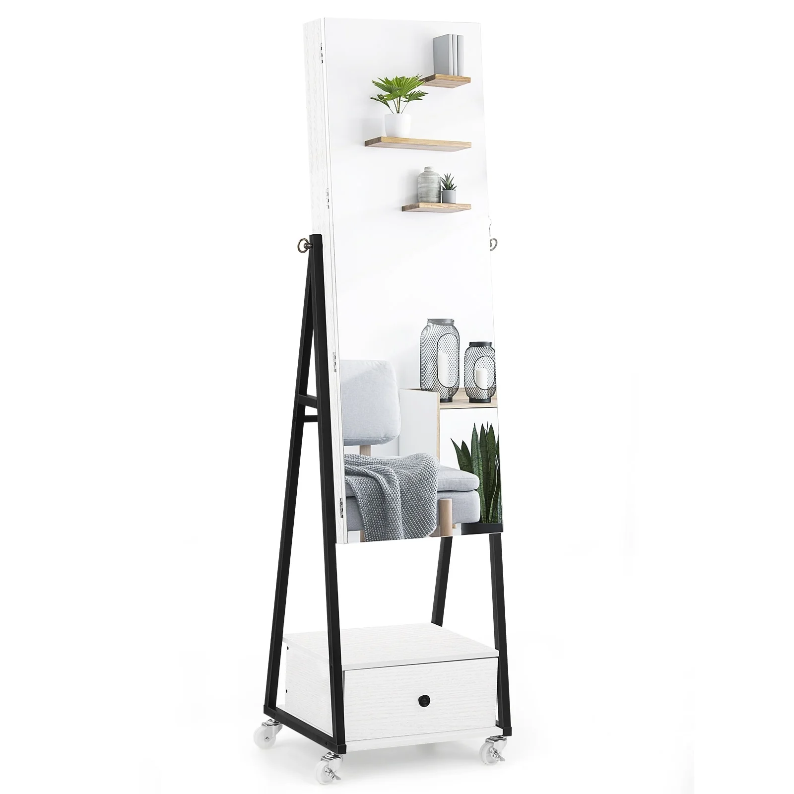 Lockable Jewelry Cabinet Floor Standing with High Full-Length Mirror