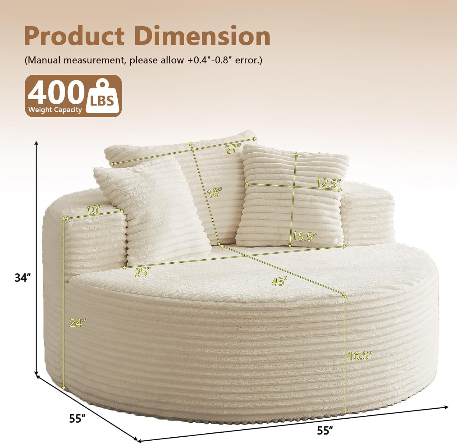 Oversized Round Chair Lounge Chaise Indoor, Upholstered Corduroy Deep Seat Cloud Large Circle Sofa Chair, No Assembly Required, Fluffy Modern Sleeper Sofa Bed for Reading, Light White