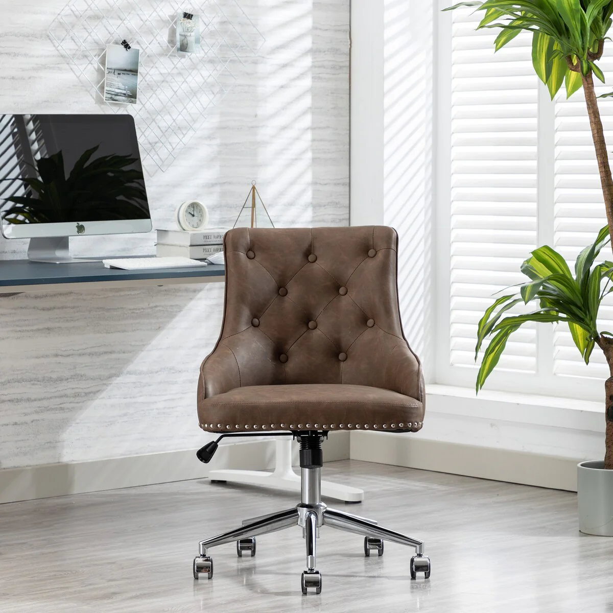 ModernTufted PU Leather Computer Chair Swivel Height Adjustable Accent Chair with Wheels and Metal Base