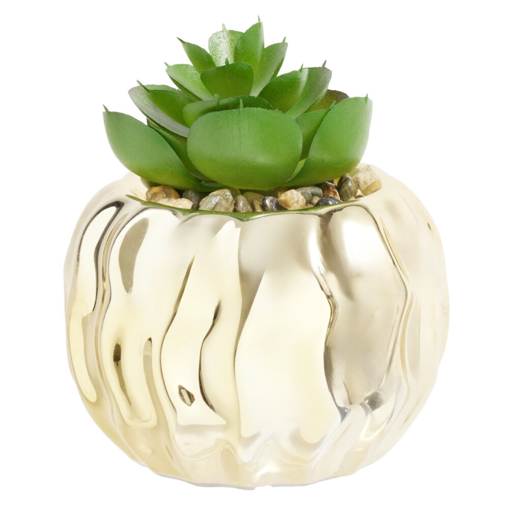 Plante grasse artificielle pot céramique doré ou argenté Ø9xH9cm (2 modèles)