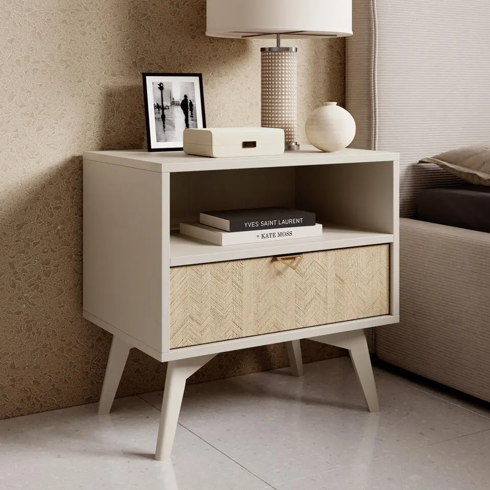 Meubella - Nachtkastje Essence - Beige - Licht eiken