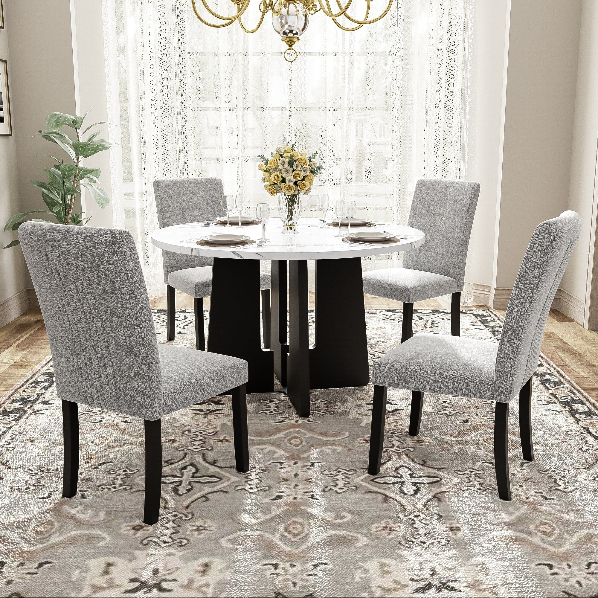 Round Dining Table Sets with Cross Base and 4 Dining Chairs, Set of 5