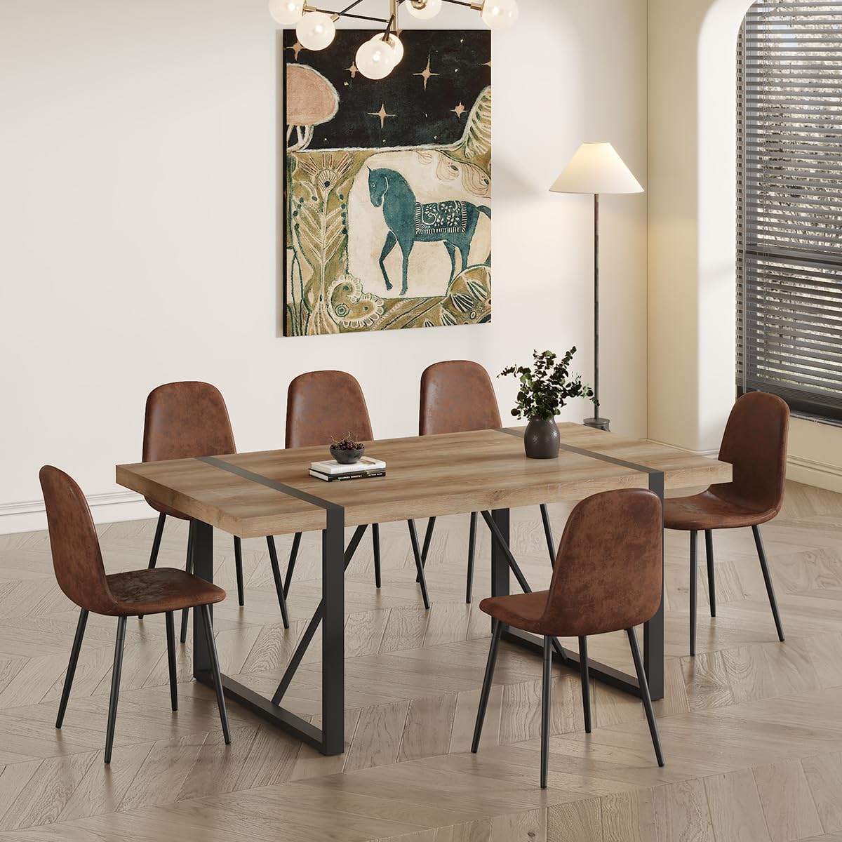 7 Piece Dining Table Set，Dinner Table Set for 6，71'' Kitchen Table and Suede Nap Fabic Chairs Set of 6，6 Chair Dining Table Set for Kitchen Dining Room