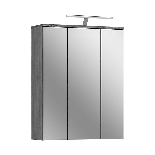 Kaleb - Armoire de toilette en mélaminé blanc et argenté avec miroir, éclairage inclu (L/H/P : 64x77x21 cm)