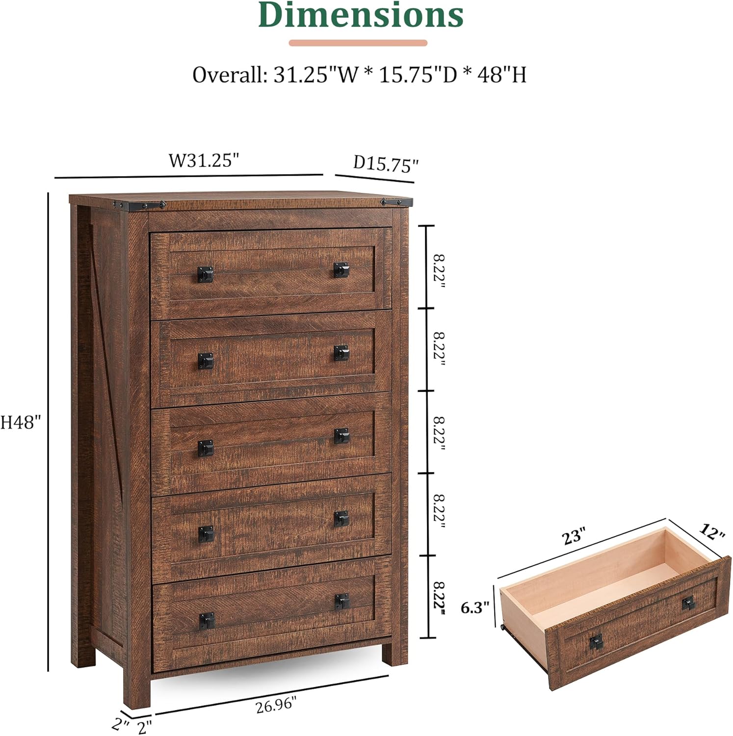 RedLemon Farmhouse 5 Drawer Dresser, 48 Tall Rustic Chest of Drawers, Wood Dresser for Bedroom, Living Room, Hallway, Reclaimed Barnwood Color