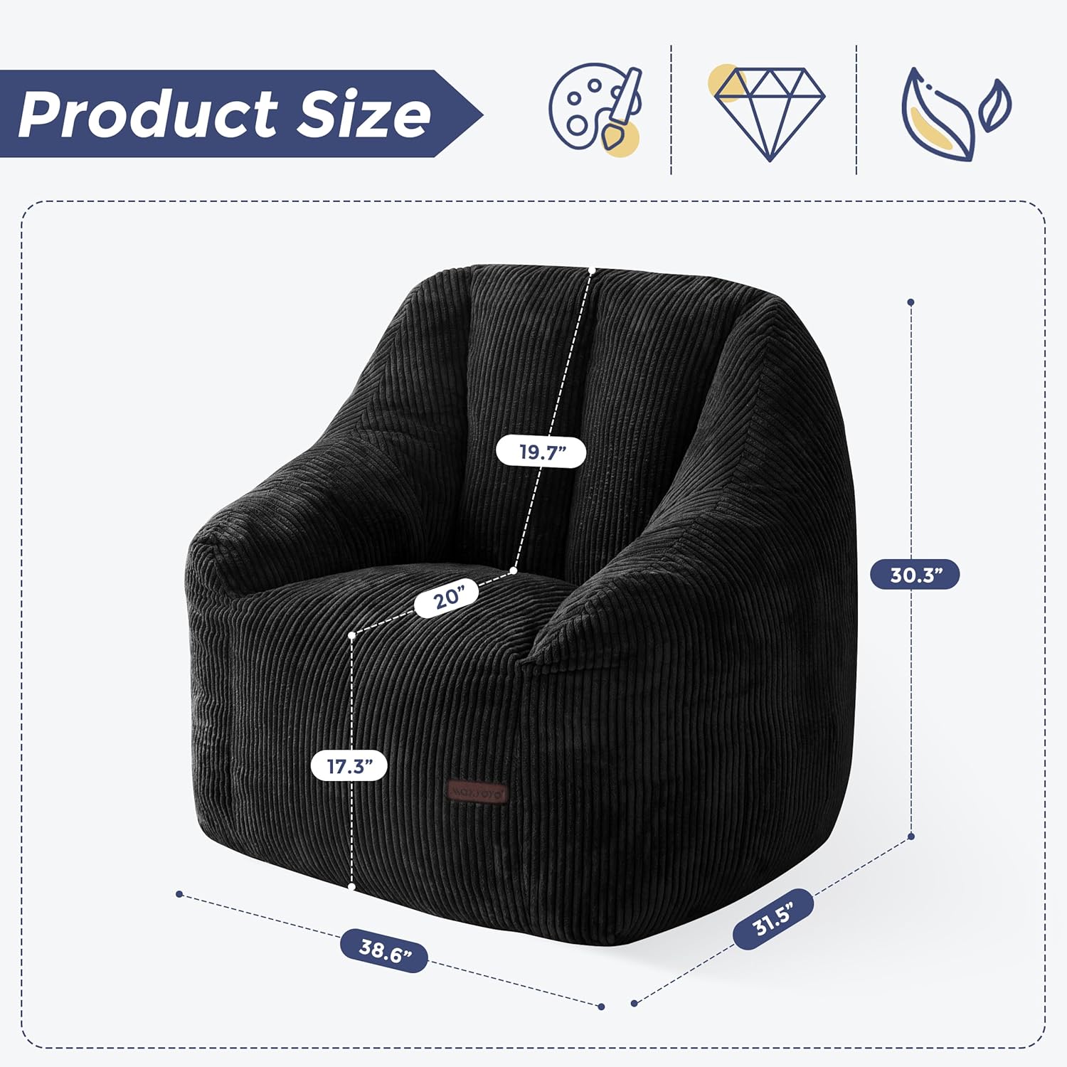 MAXYOYO Bean Bag Chair, Bean Bag Sofa with Filler, Cozy Living Room Chair for Adults and Kids, Stuffed Floor Sofa for Bedroom Dorm Reading, Black