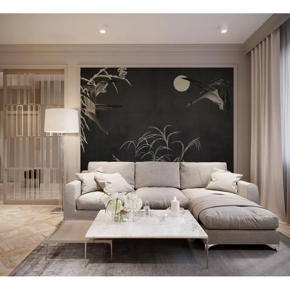 Sanders & Sanders fotobehang vogels zwart en grijs - 424 x 280 cm