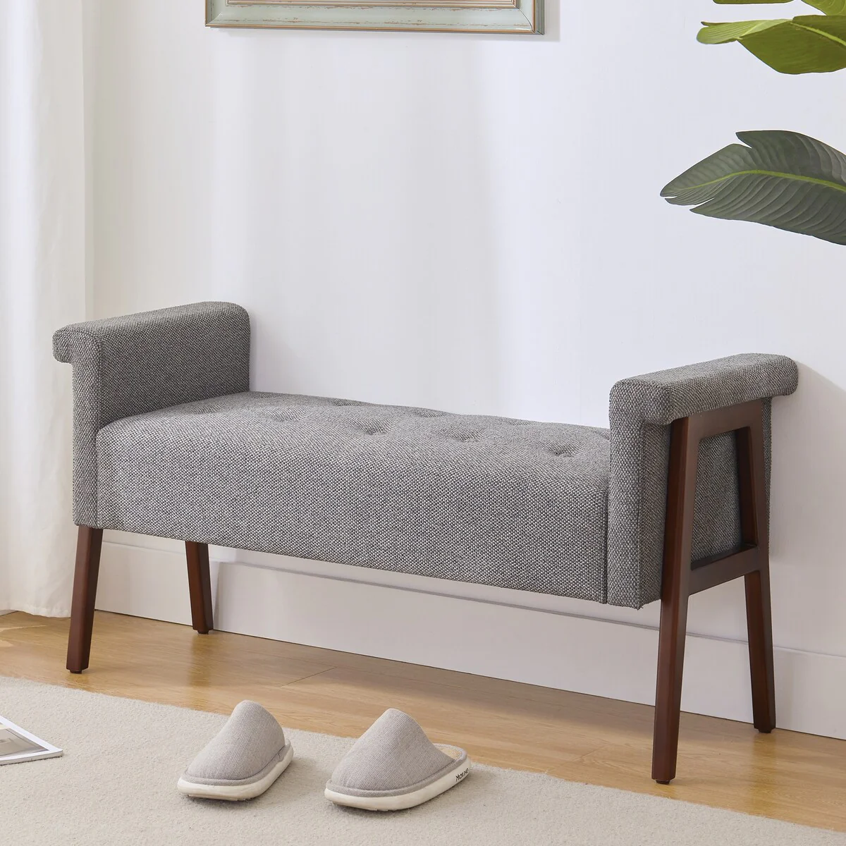 Modern Fabric Upholstered Entryway Storage Bench with Wooden Legs and Armrests