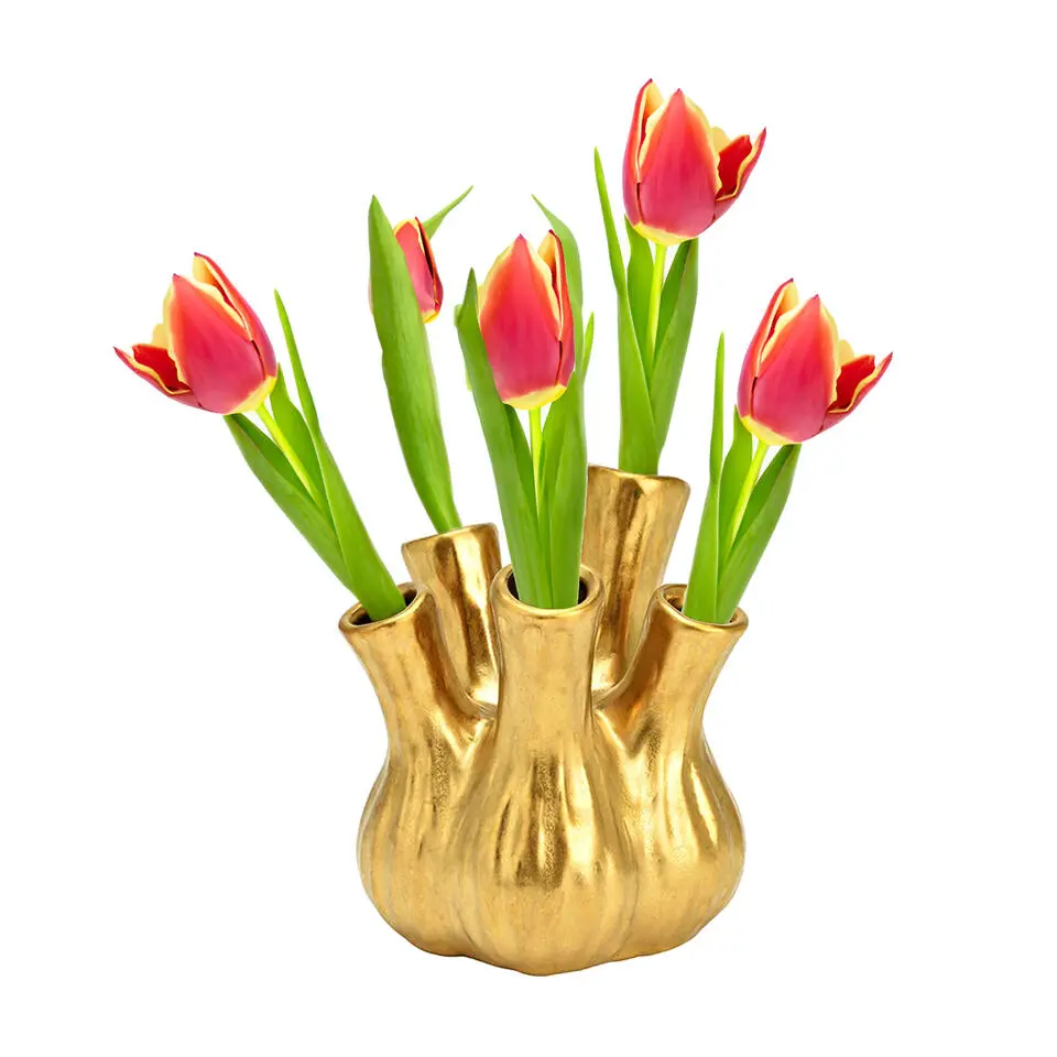 Bloemenvaas - tulpenvaas - goud - keramiek - 13x13x16 cm - toetervaas