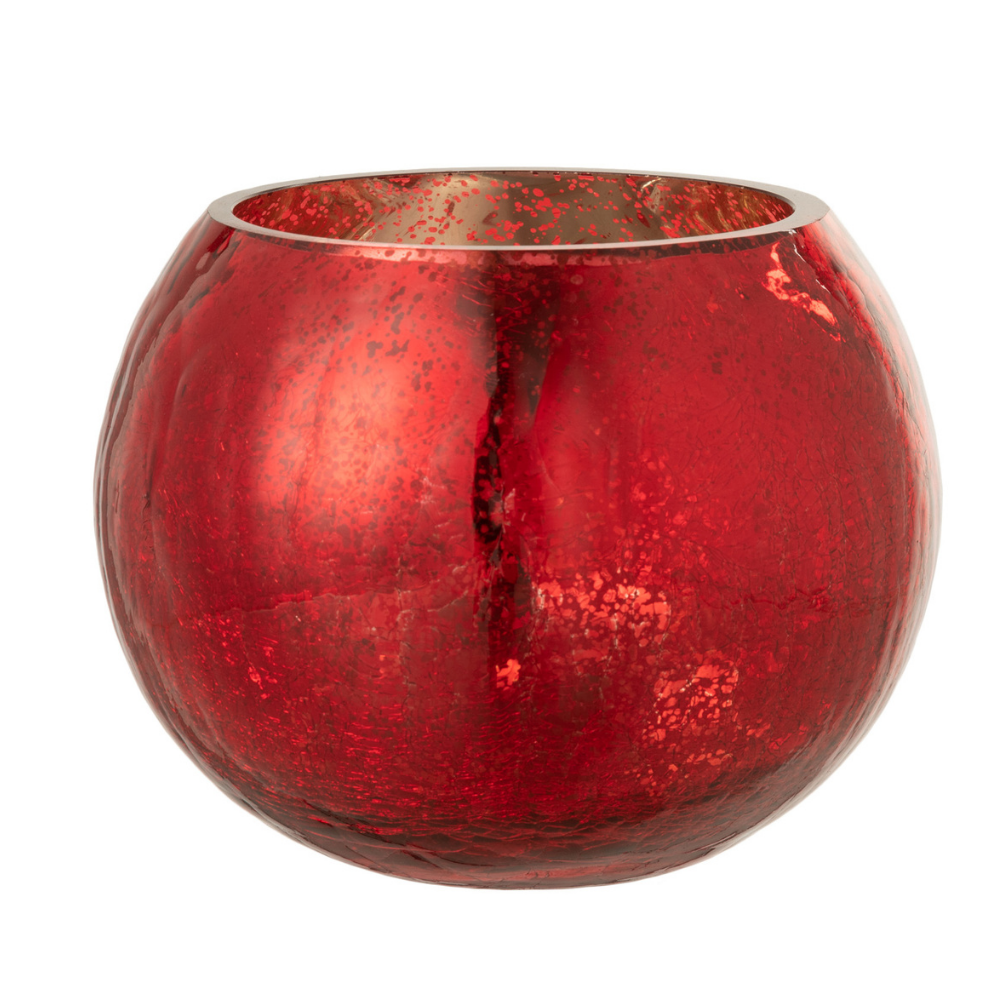 J-Line windlicht Bol Parel Effect - kaarshouder - glas - rood - medium - 2 stuks