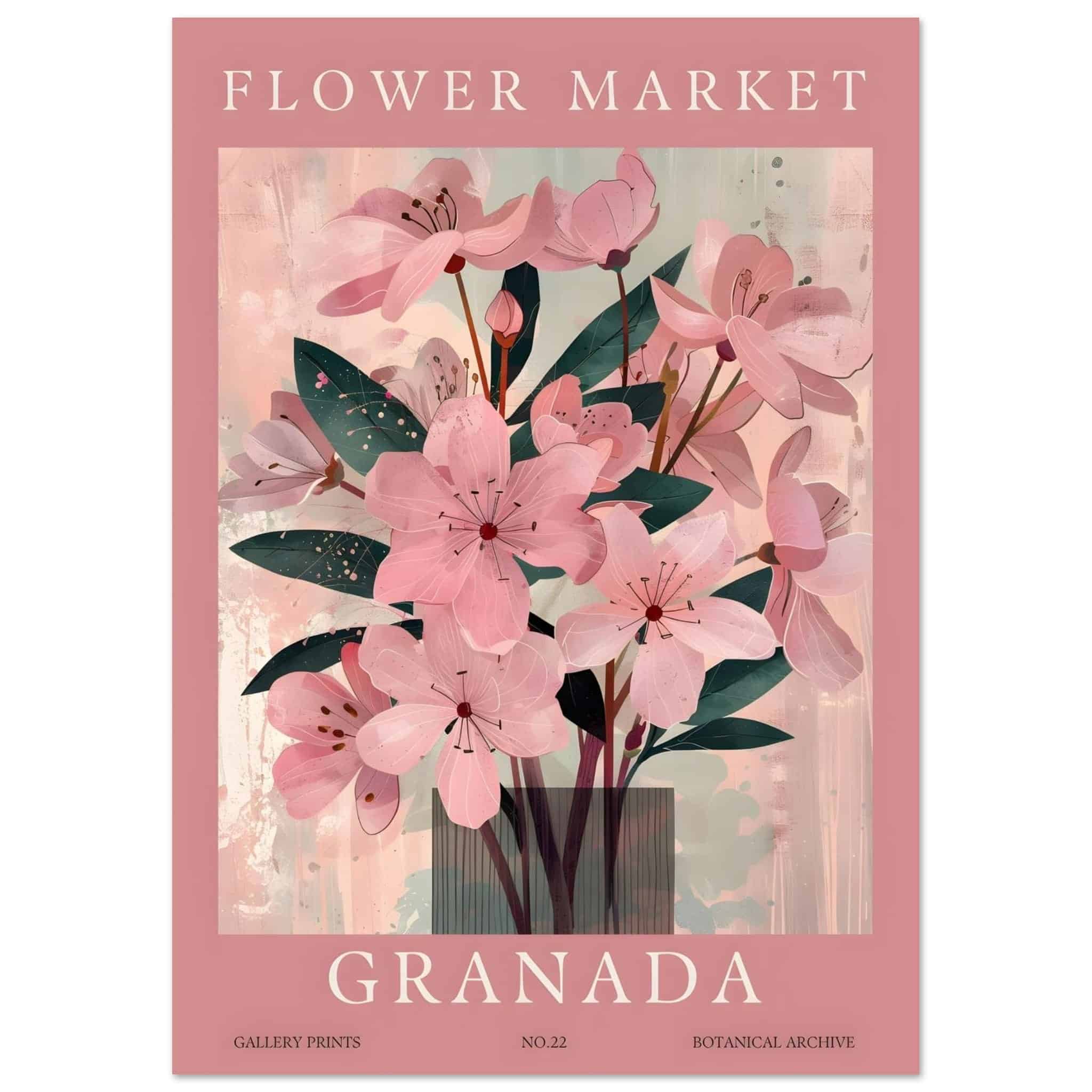 Artfulprints Poster Flower market - Granada  - A4 21x29.7 cm - Roze