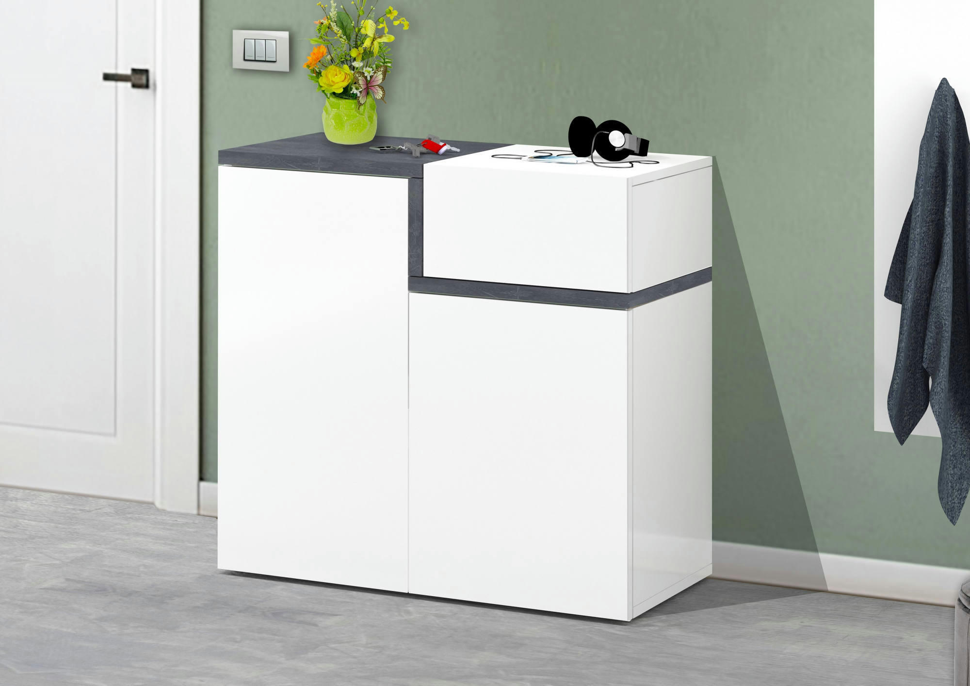 RYAN - Meuble à chaussures effet bois blanc brillant gris ardoise