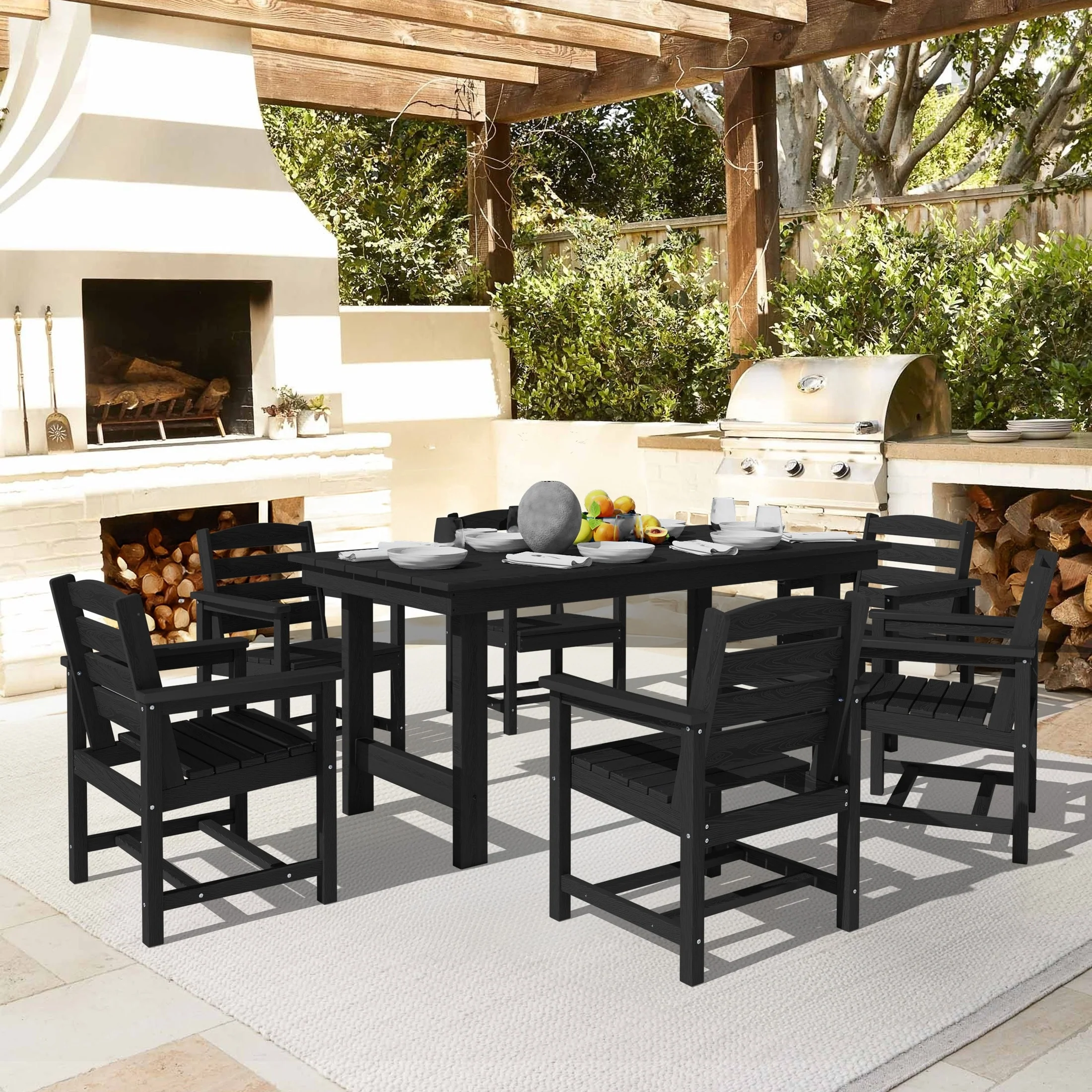 7-Piece HDPE Outdoor Dining Table Sets with Umbrella Hole - 1-Table 6-Chairs