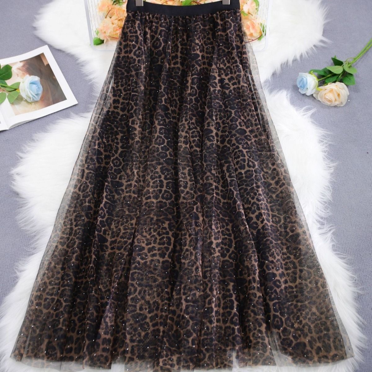 PEACH ACCESSORIES Shimmery Crystals Leopard Print Tulle Maxi Skirt