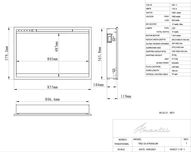 Amantii Smart 33&rdquo; Fireplace &ndash; Includes a steel trim, glass inlay, 10 piece log set with remote and cord