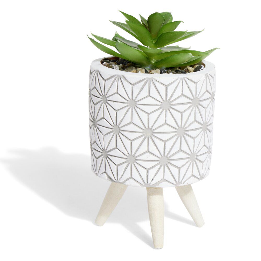 Plante artificielle pot ciment trépied bois Ø7,5xH13cm (2 modèles)