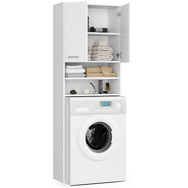 Meuble pour machine à laver AKORD FIN Blanche 64 cm 2 portes façade Blanche 4 étagères 64x30x180 cm