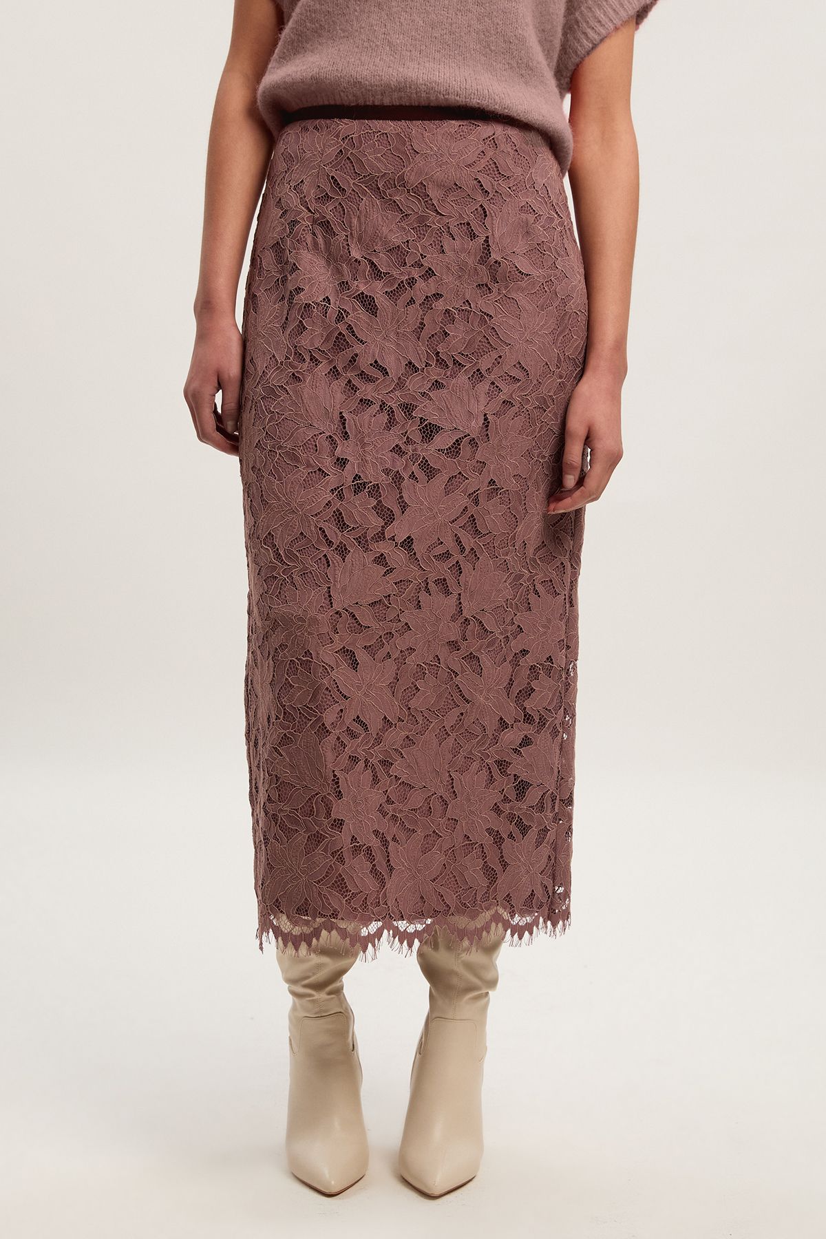 KarenMillen Lace With Black Taping Woven Midi Skirt