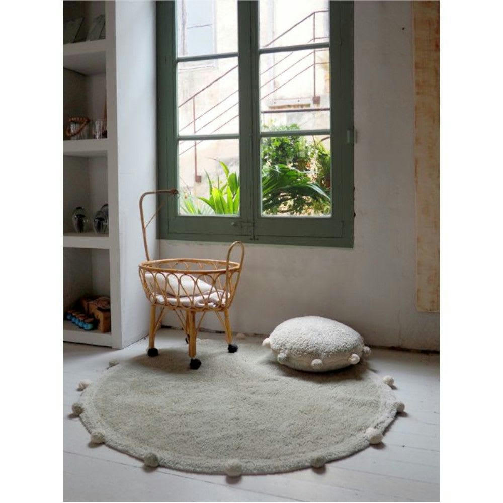 BUBBLY - Tapis coton rond lavable brun à pompons D120cm