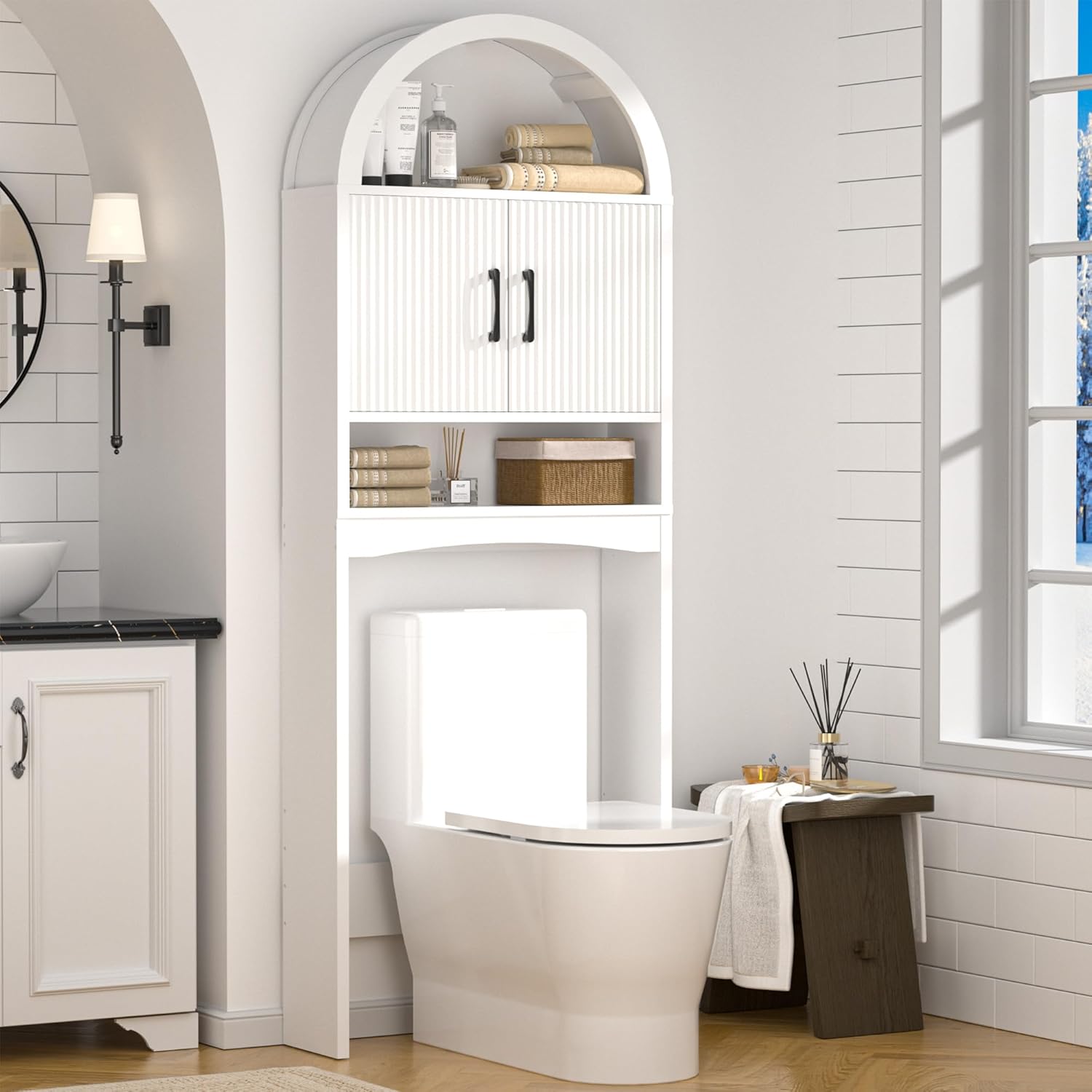 Spurgehom Over The Toilet Storage Cabinet, Bathroom Shelf Organizer Freestanding, Bathroom Arch Cabinet Over Toilet with Toilet Paper Holder and Anti-Tipping Device (Narrow Style-White)