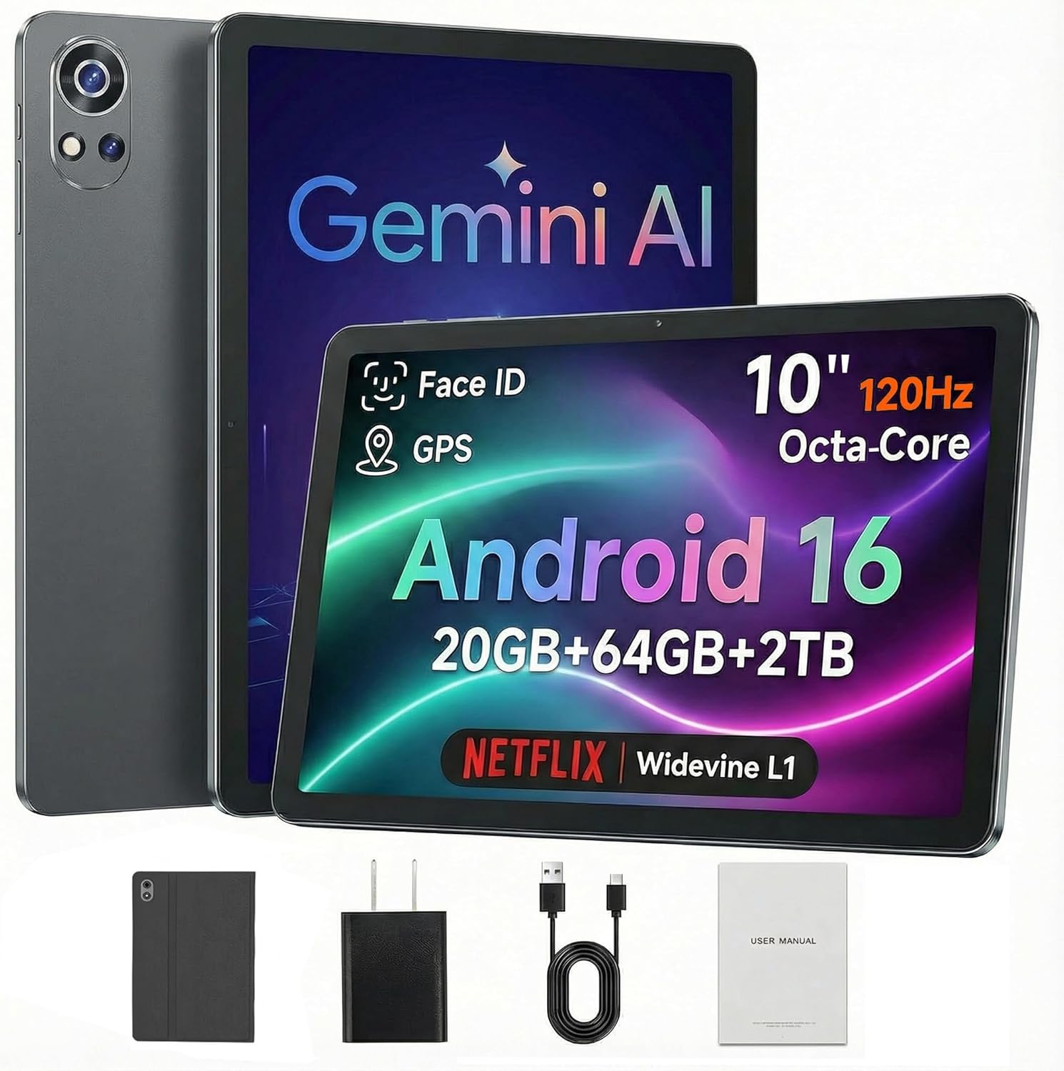 Topsand 10-inch Tablet Android 16,120Hz Display,T7200 Octa-core,20GB+64GB+2TB Expandable,6000mAh, Gemini AI,Face ID,Widevine L1,GPS, Tablet with Case
