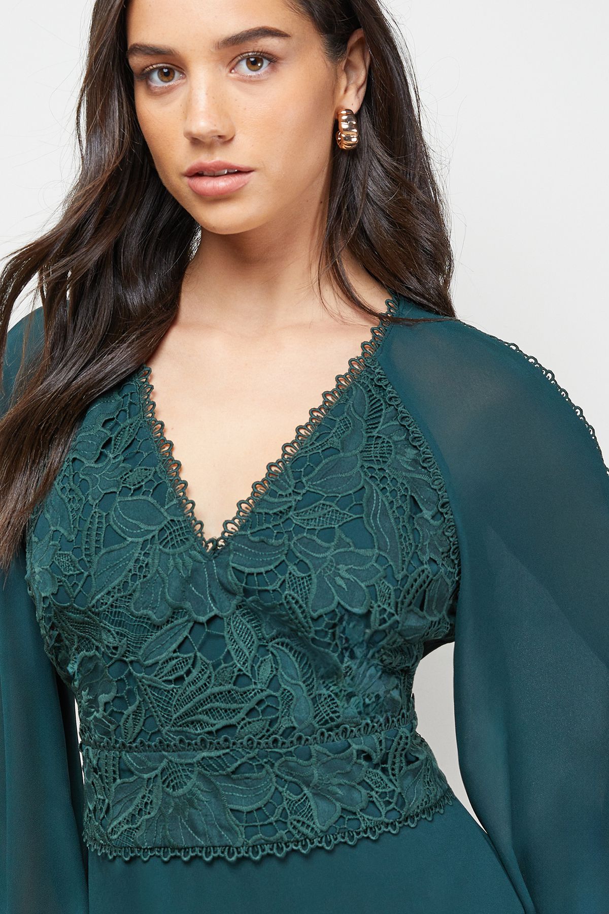 Oasis Lace Front Balloon Sleeve Midi Dress
