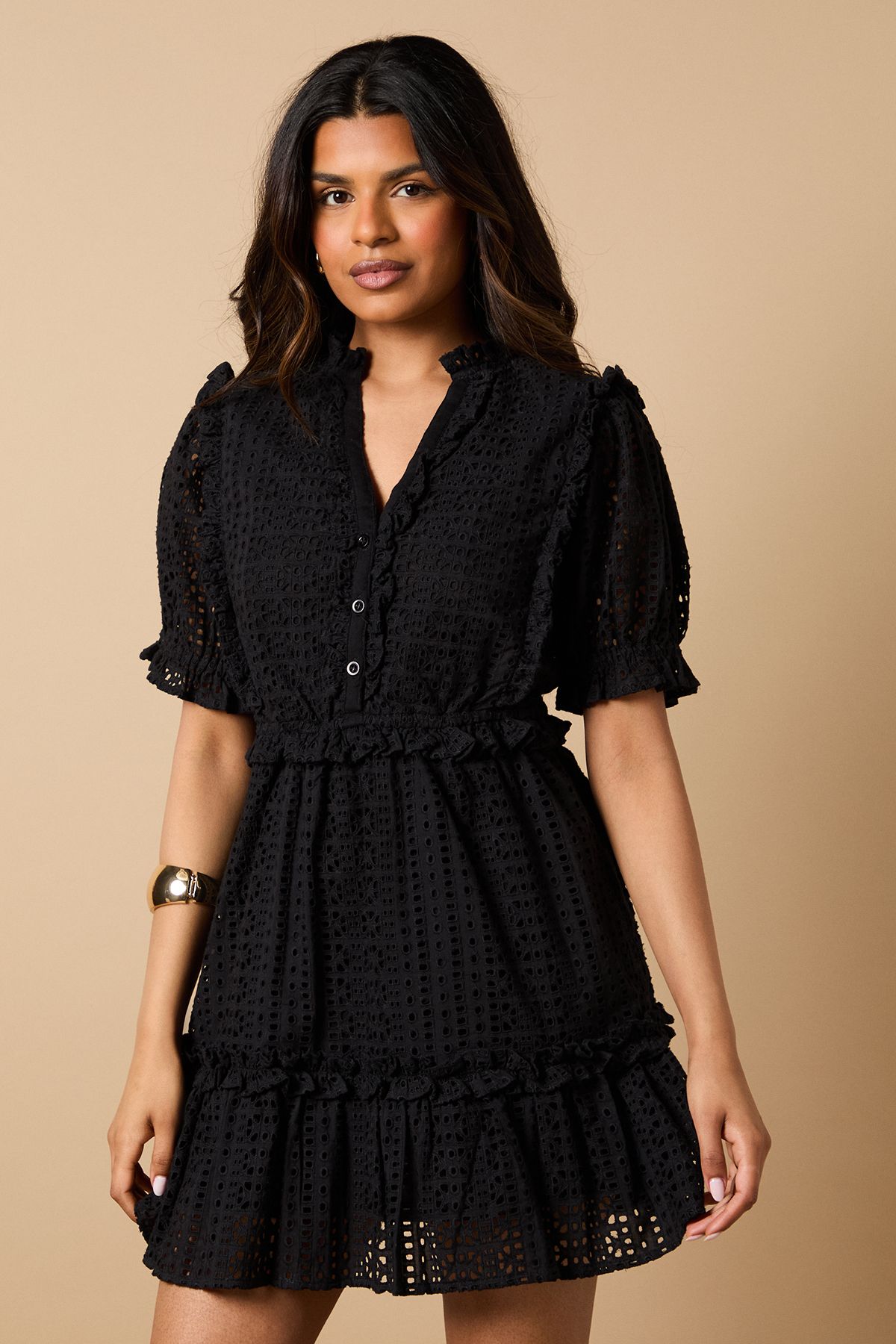 Oasis Petite Broderie Frill Detail Button Down Mini Dress