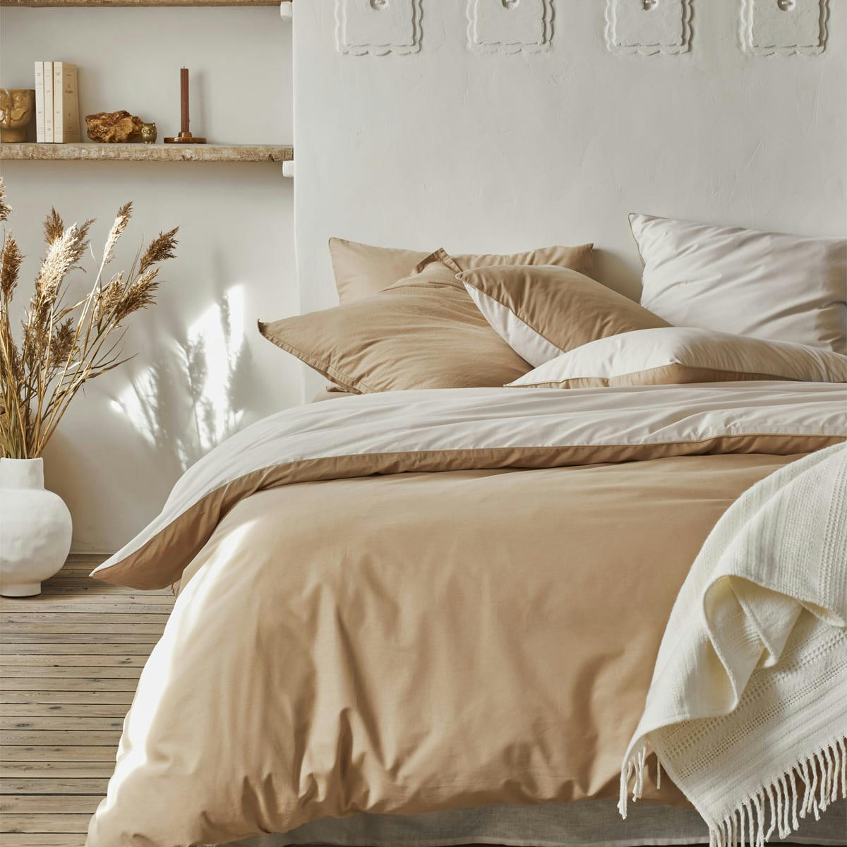 BONS JOURS - Housse de couette bicolore en coton beige 260x240