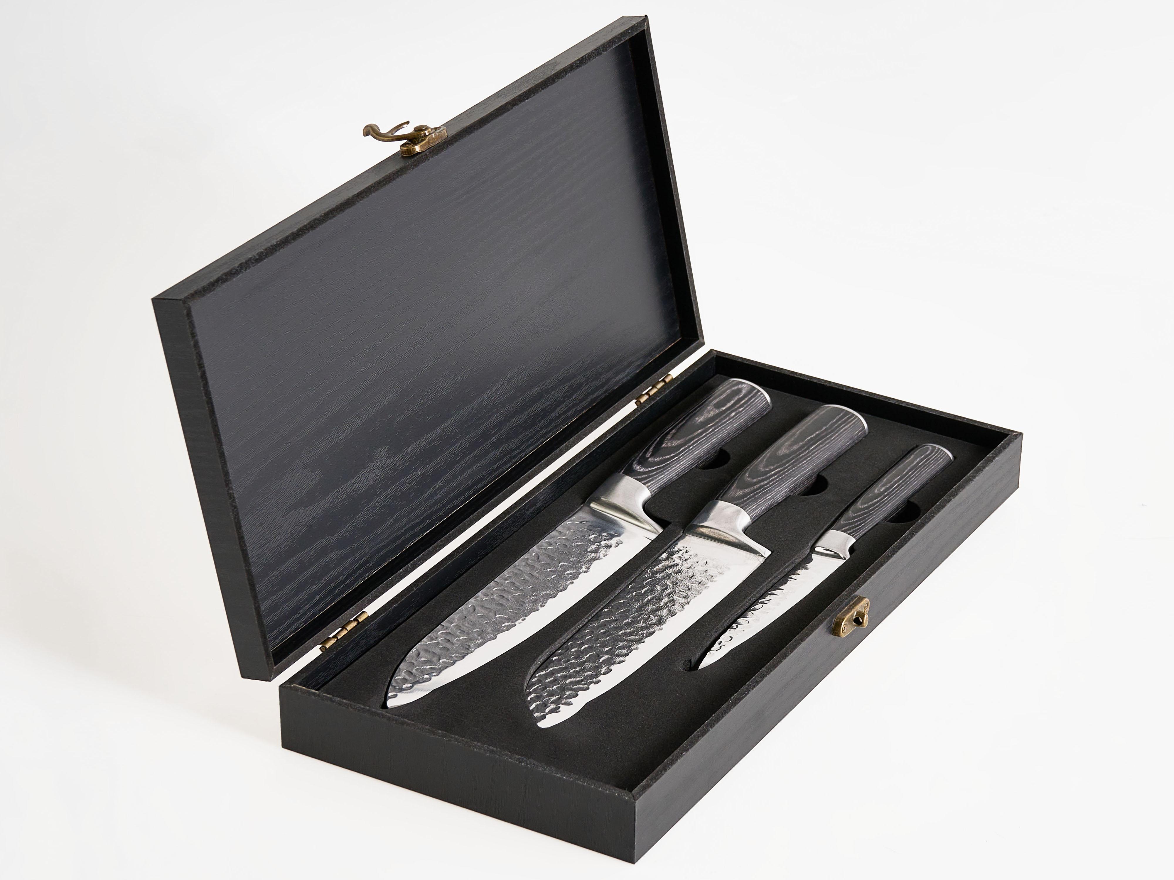 Set of 3 Knives Damascus Steel KASHIWA Black