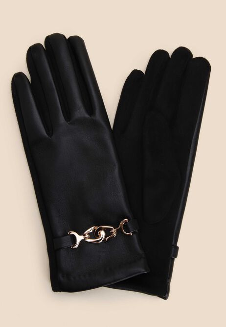 Womens Black Faux Leather Gold Snaffle Gloves