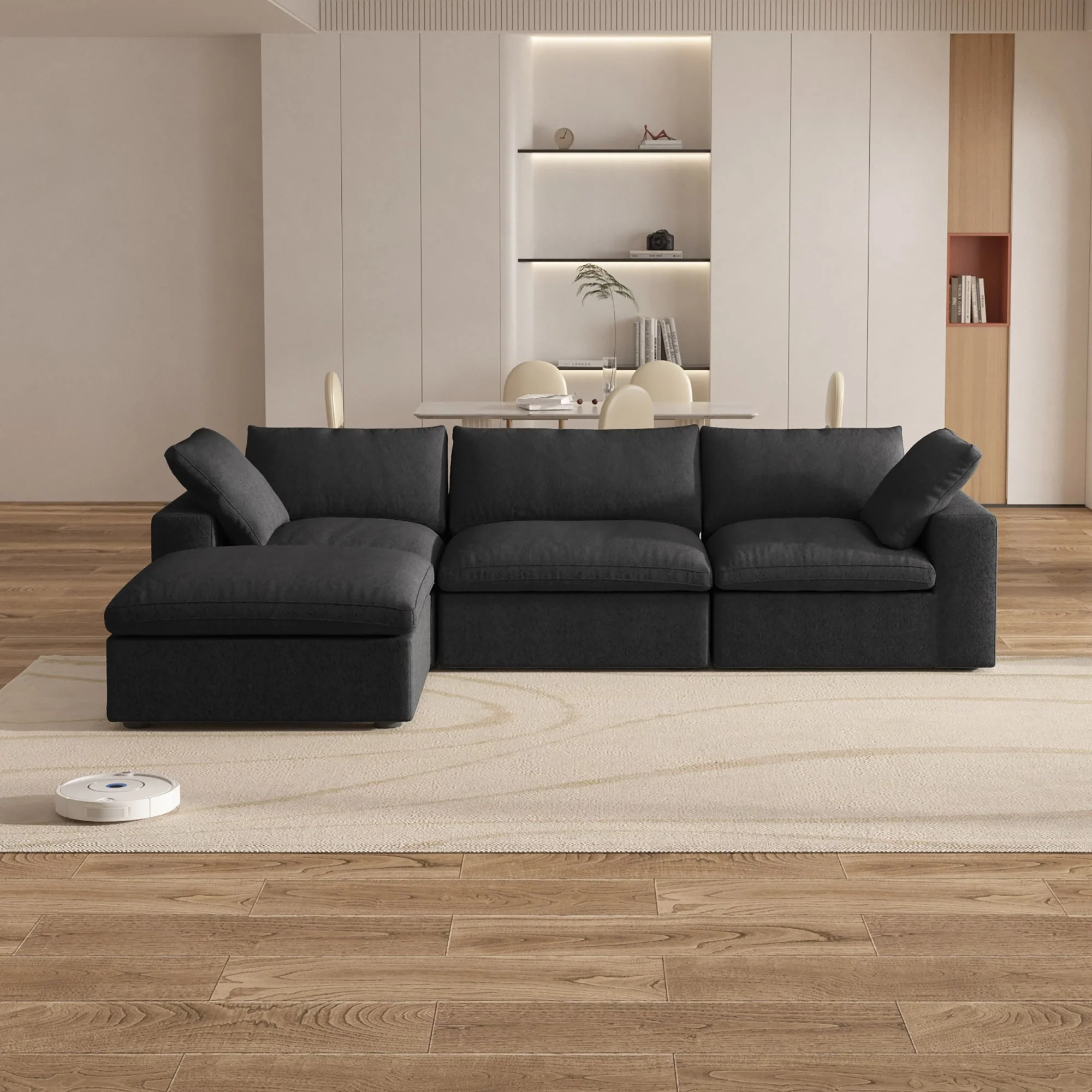 Modern Down Filled Modular 4 Piece Sectional Sofa L-shape Linen Upholstered Couch with Storage Ottoman