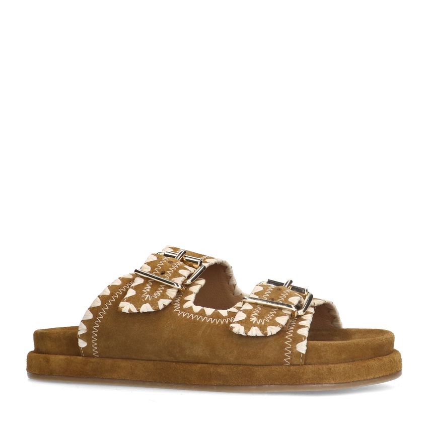 Manfield Suède cognac slippers met gesp