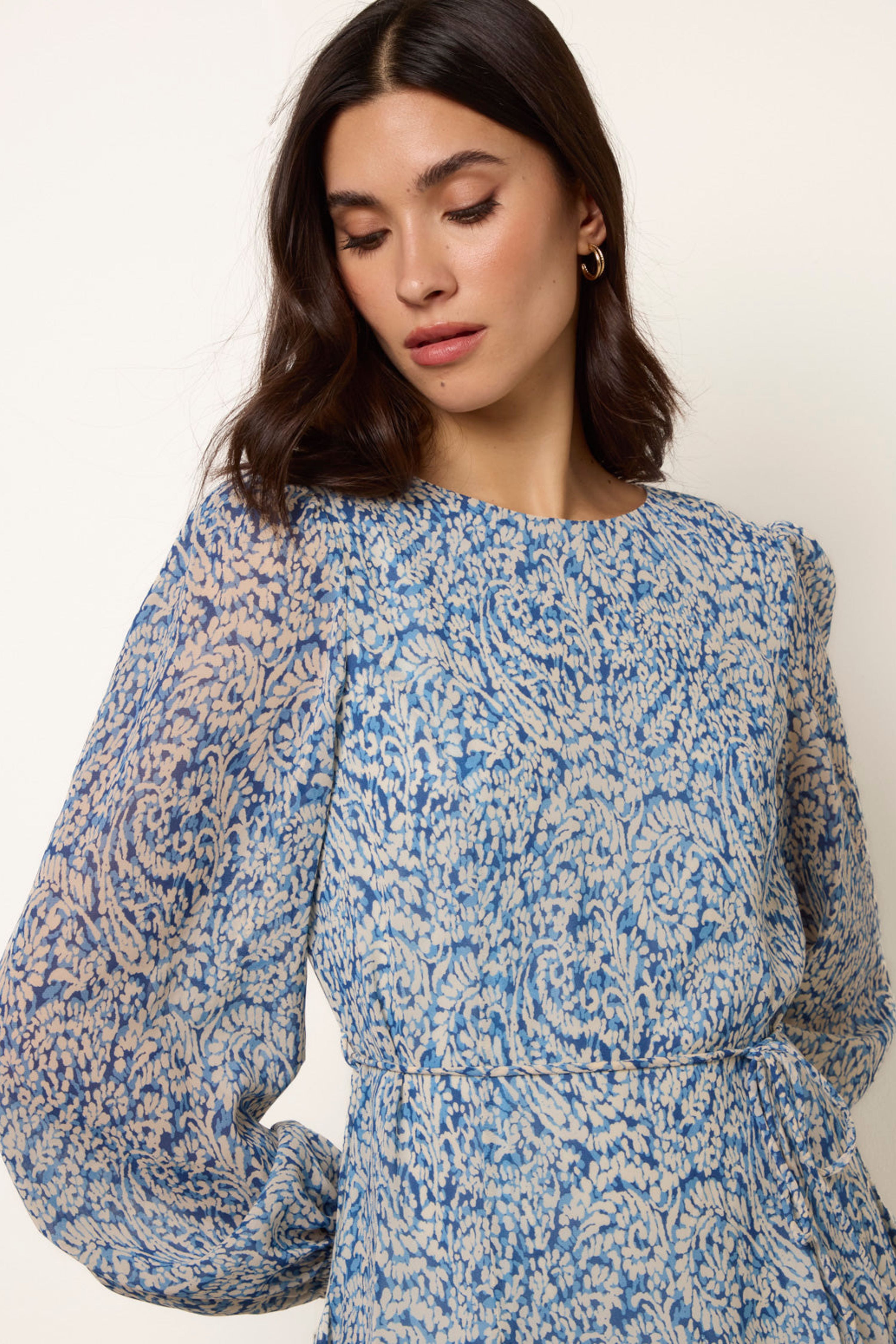 Blue Vanilla Blue Puff Sleeve Godet Dress With Self Tie