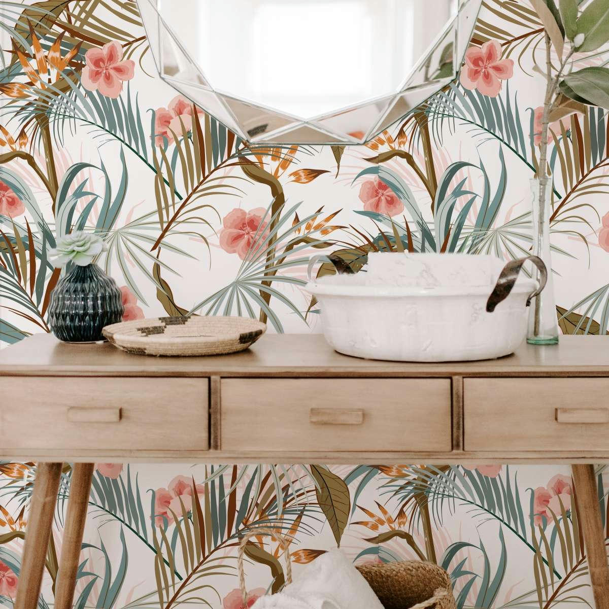TROPICALPLANTS - Papier peint vinyle adhésif plantes tropicales vert et rose 50x300 cm