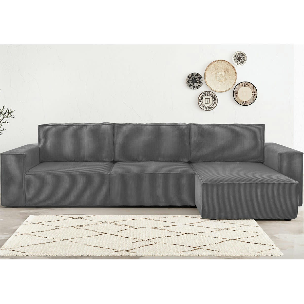 HARPER NEW - Canapé d'angle 5 places convertible +coffre velours côtelé gris souris