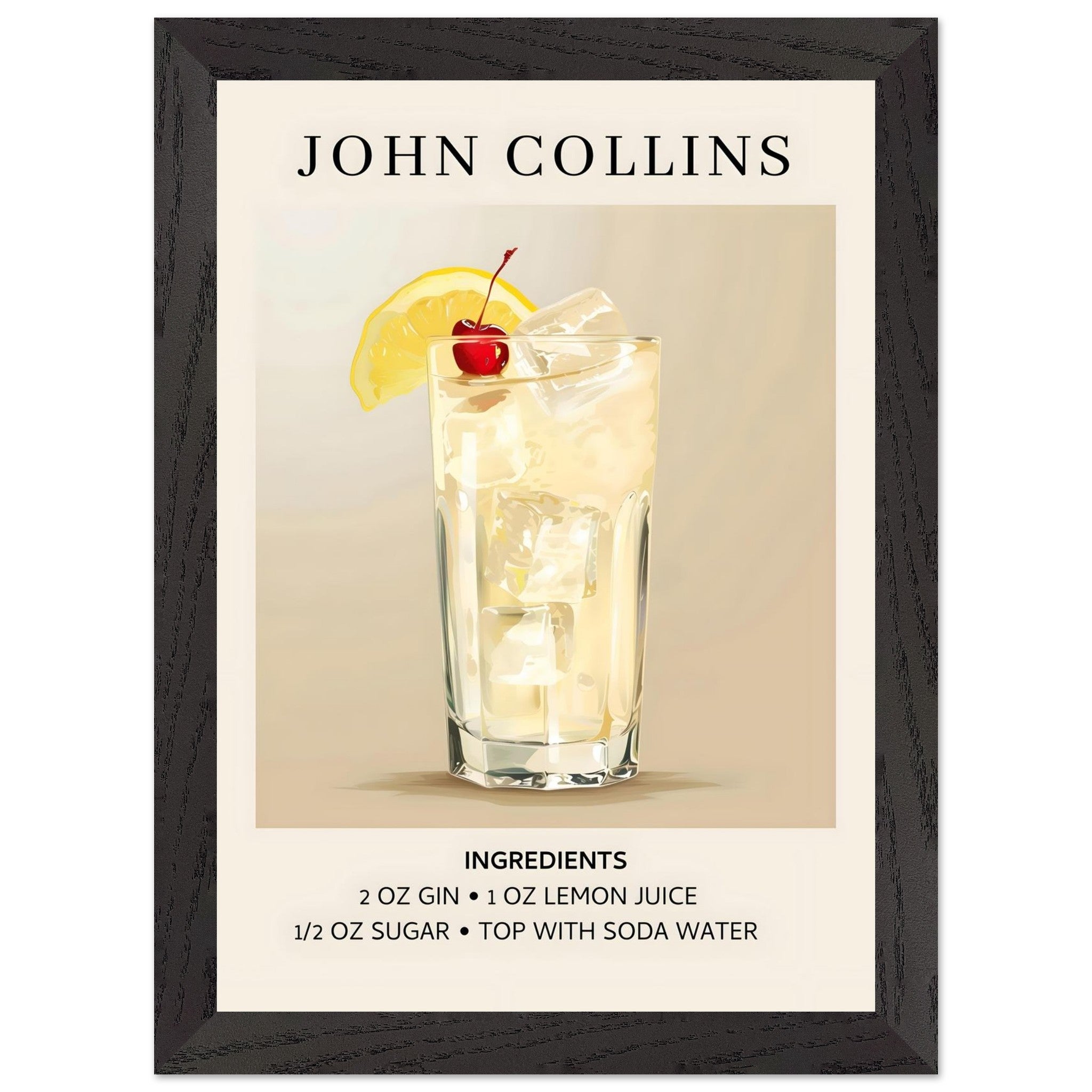 Artfulprints Poster met Lijst John Collins cocktail - Ingrediënten  - A4 21x29.7 cm - Taupe