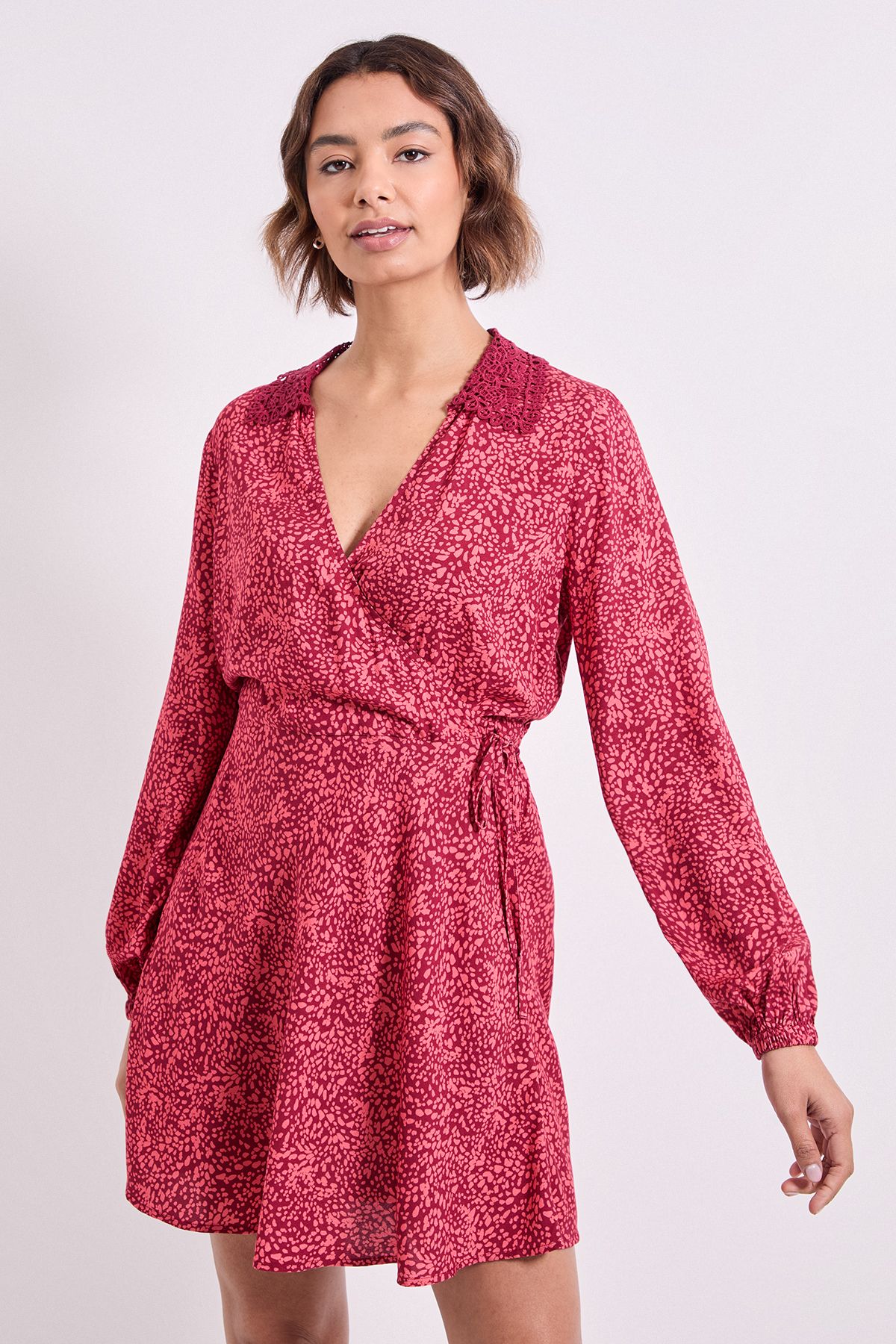 Dorothy Perkins Pink Animal Lace Collar Detail Wrap Printed Mini Dress