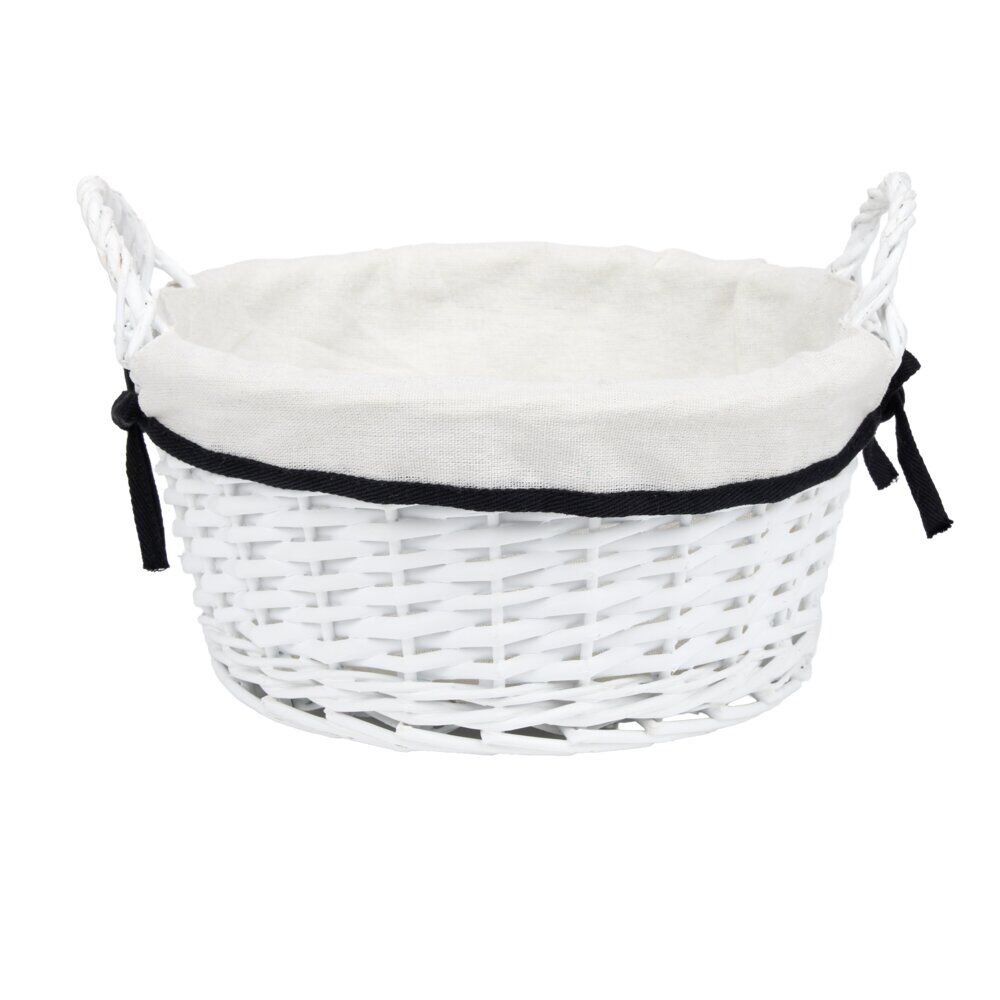 Panière ronde en bois tressé doublure tissu blanc noeud noir Ø30xH14cm