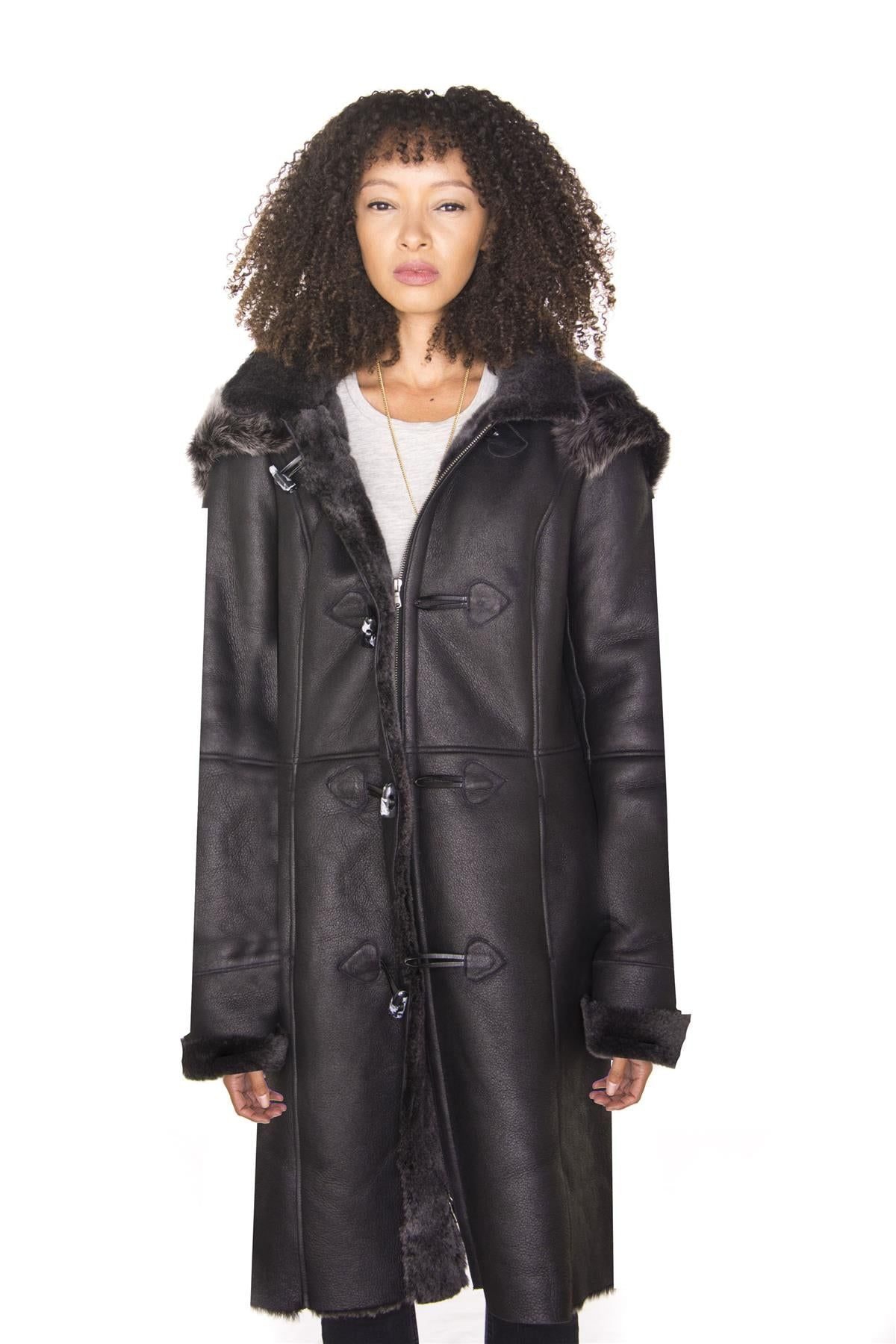 Infinity Leather Sheepskin Hooded Duffle Coat-Redhill